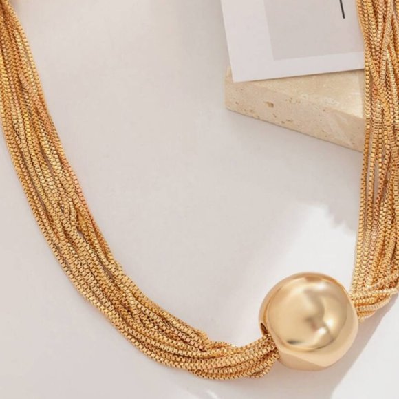 Gold Twisted Multi Chain Exaggerated Sphere Ball Statement Choker Necklace NEW - Picture 5 of 9